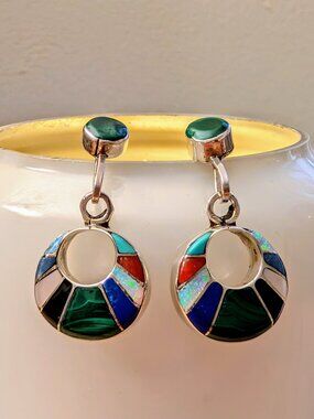 Vintage Zuni Loretta Maetza Sterling Silver Multi-Stone inlay Dangle Earrings